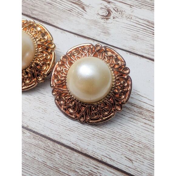 Vintage Clip On Earrings - 1.5" Large Statement Copper Tone with Faux Pearl - Picture 4 of 7